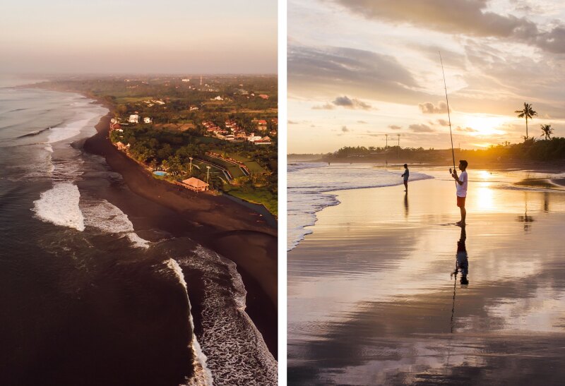 Aerial view of beach (L); two people fishing at sunset on flat beach reflecting sky (R)
