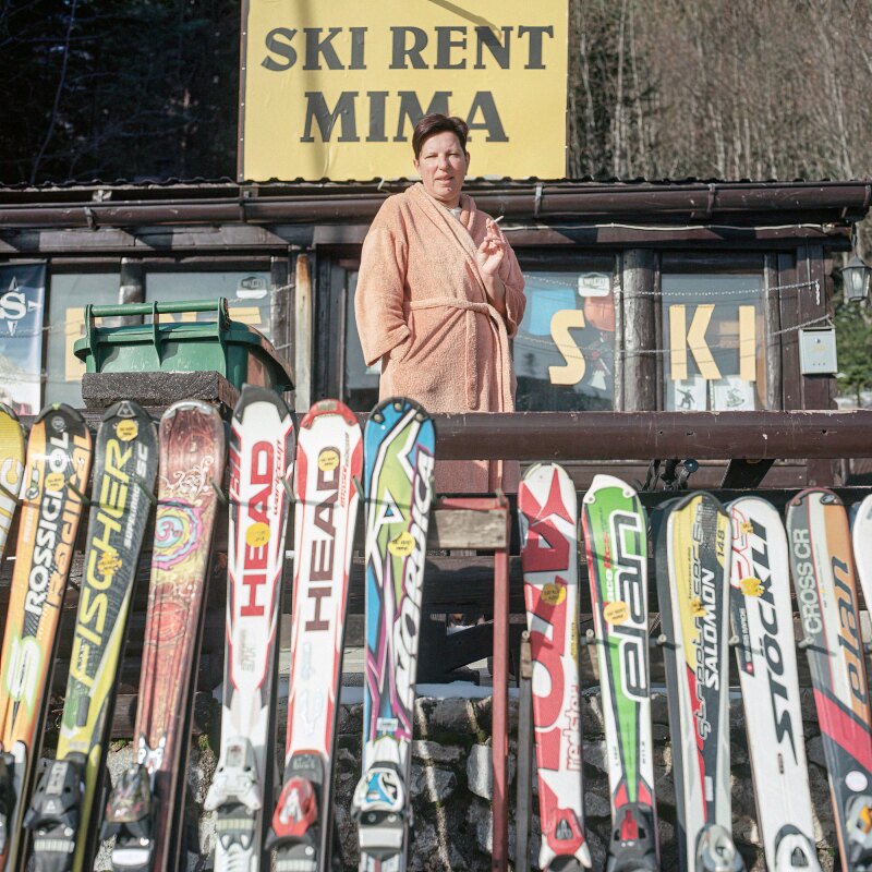 The purveyor at Ski Rent Mima poses for a portrait first thing in the morning at Bjelašnica ski resort, Dinaric Alps, Bosnia and Herzegovina.