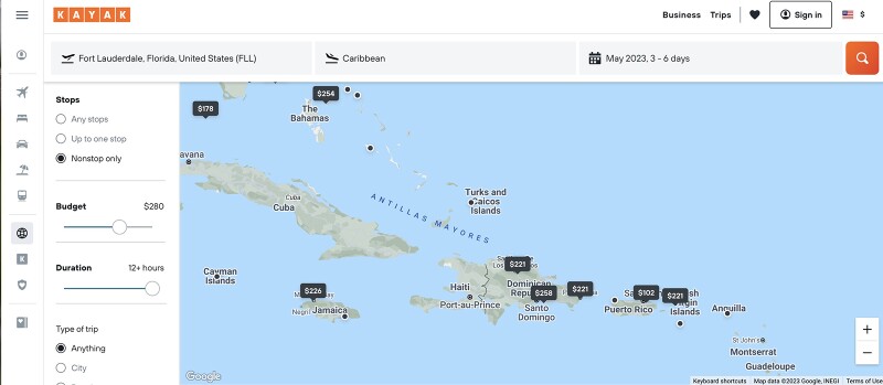 Kayak Direct screenshot: Caribbean map