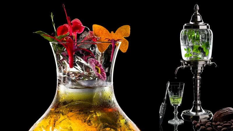 The flower-garnished “Bloom” is a spritz made with amaro liqueur; the gorgeous “Cocoa Dementha” contains gin, chocolate mint, cocoa bean, and marshmallow root.