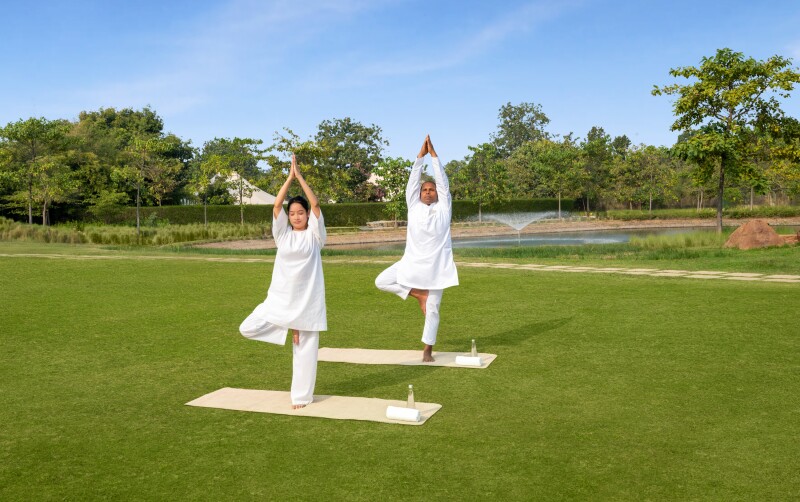 Two people in white tunics and pants doing yoga tree pose on mats on green lawn
