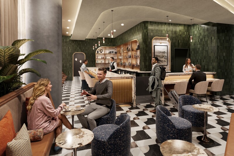 A rendering of a Sidecar by the Centurion Lounge bar, with checkered flooring, art deco curves, and green tiled bar area
