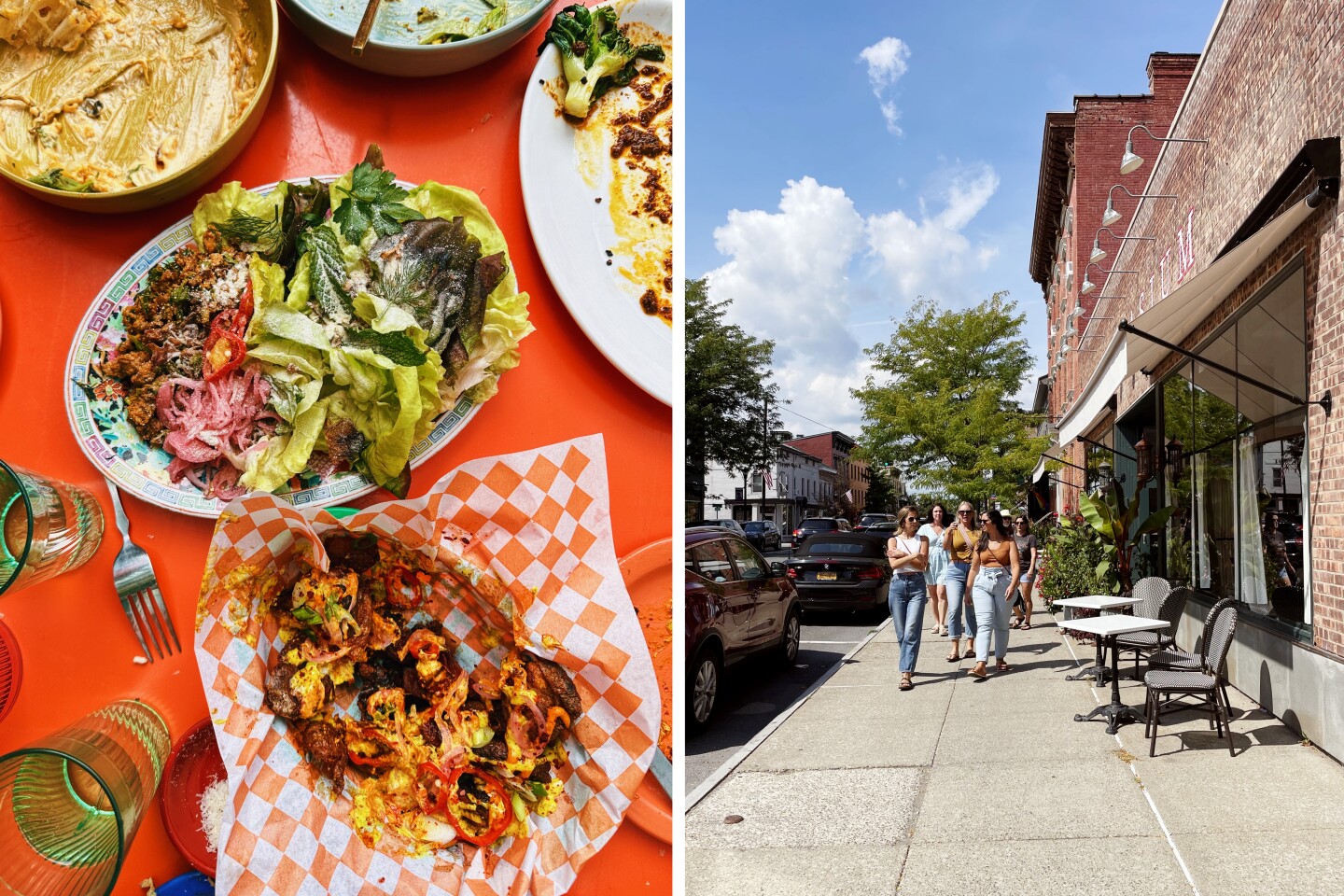 Dinner at Lil's Deb's (left); a few people walking along Warren Street (right)