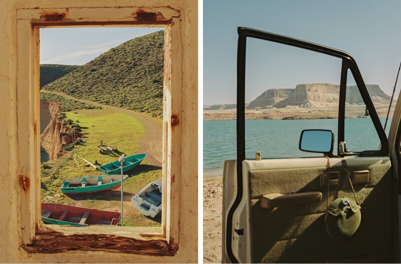 Left: A view out a small window overlooking small boats on dry land. Right: An open car door with a view of mountains and a lake.
