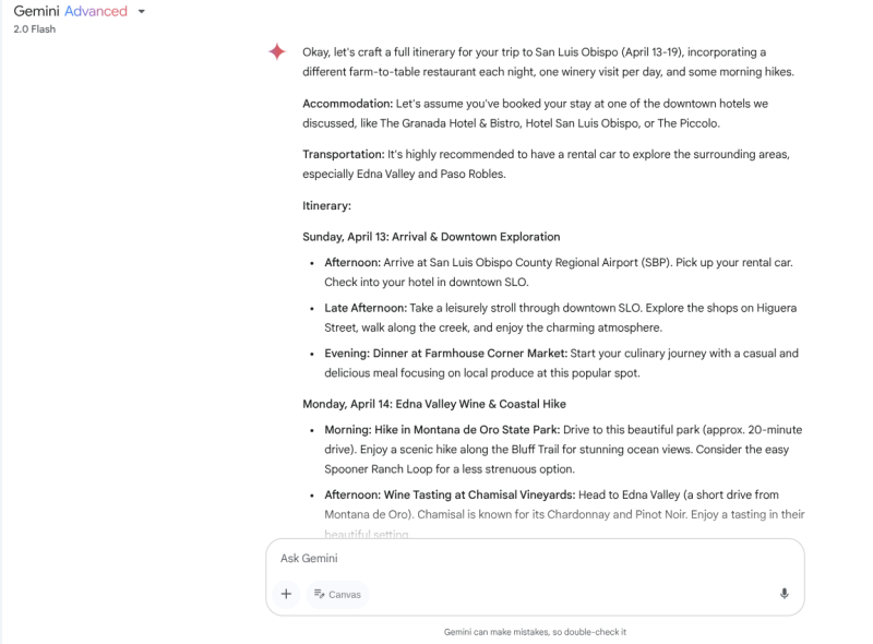 screenshot of an itinerary to San Luis Obispo on Google Gemini