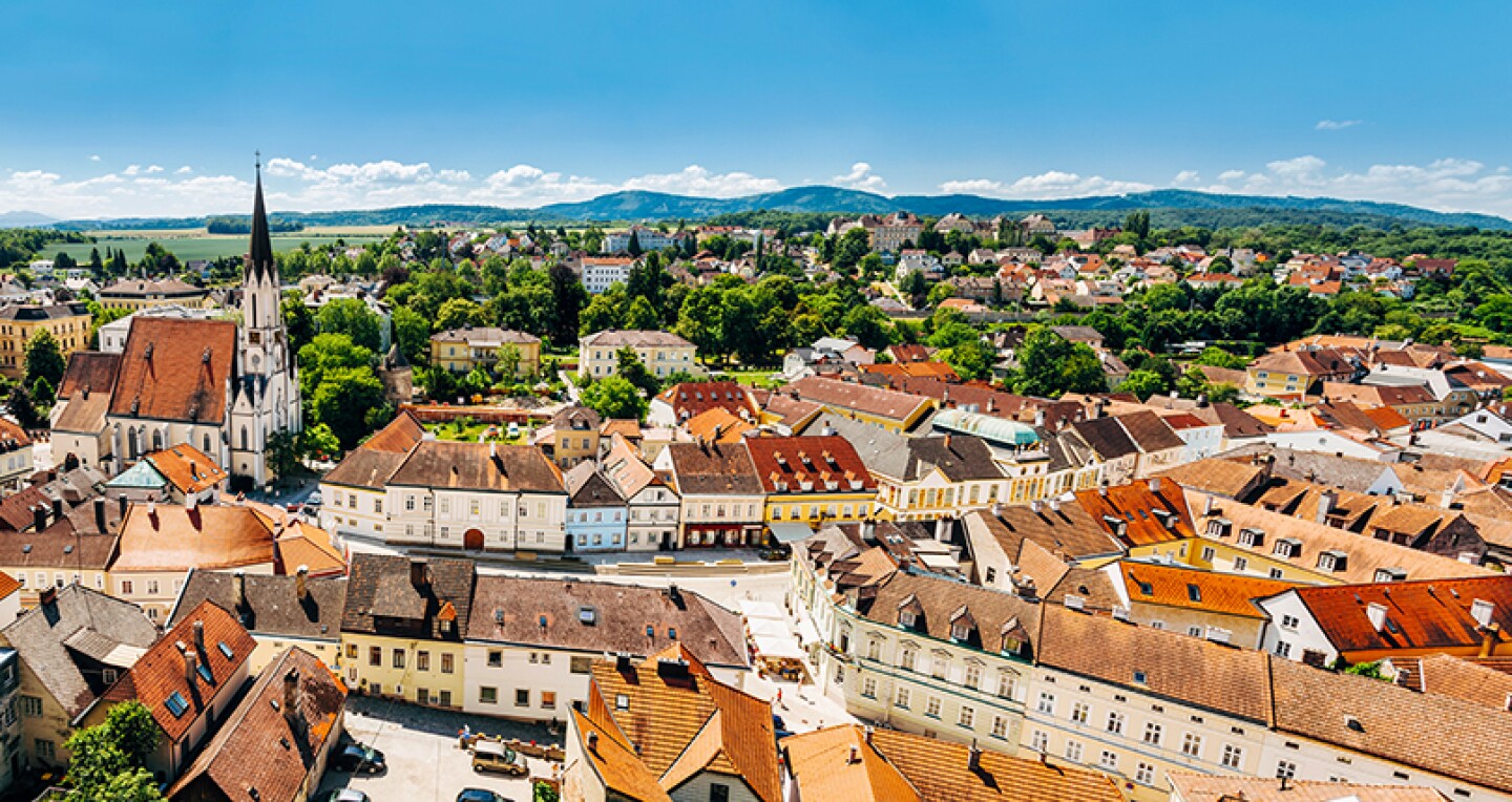 An overhead view of buildings and trees in Melk, Austria