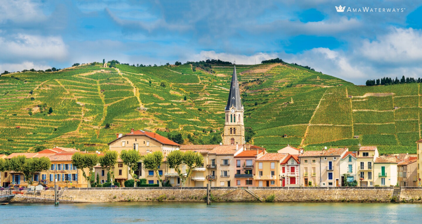 A town along the river in front of hilly green farmland in Tournon, France