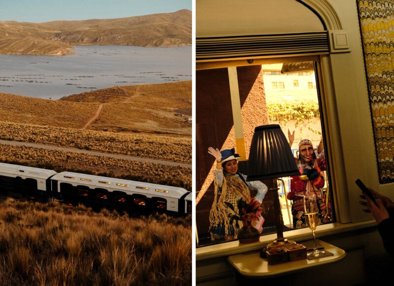 Aerial view of Belmond Andean Explorer crossing a Peruvian plane (L); dancers waving, seen through train window (R)