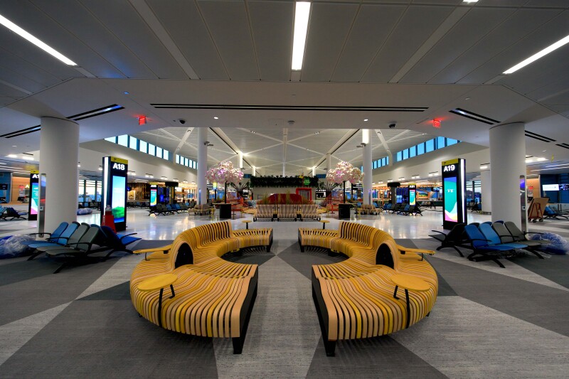 Seating areas and stores postsecurity at Newark Liberty International Airport's new Terminal A