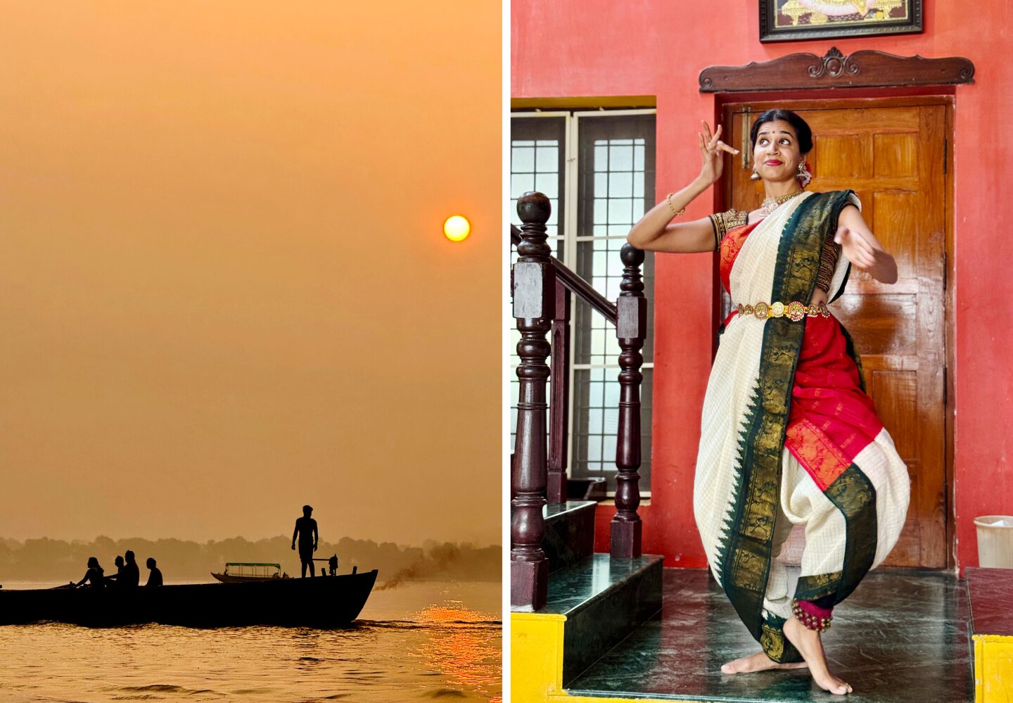 A silhouette of people on a boat on water, set against an orange sky, in India (left); dancer Deepthi Ravichandran performs in her home (right)