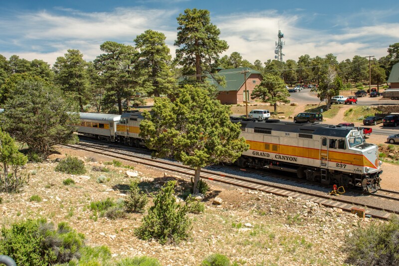 GRAND CANYON VILLAGE, ARIZONA - JUNE 4, 2015: Grand Canyon Railway train at the GC village stopped, with green trees around it