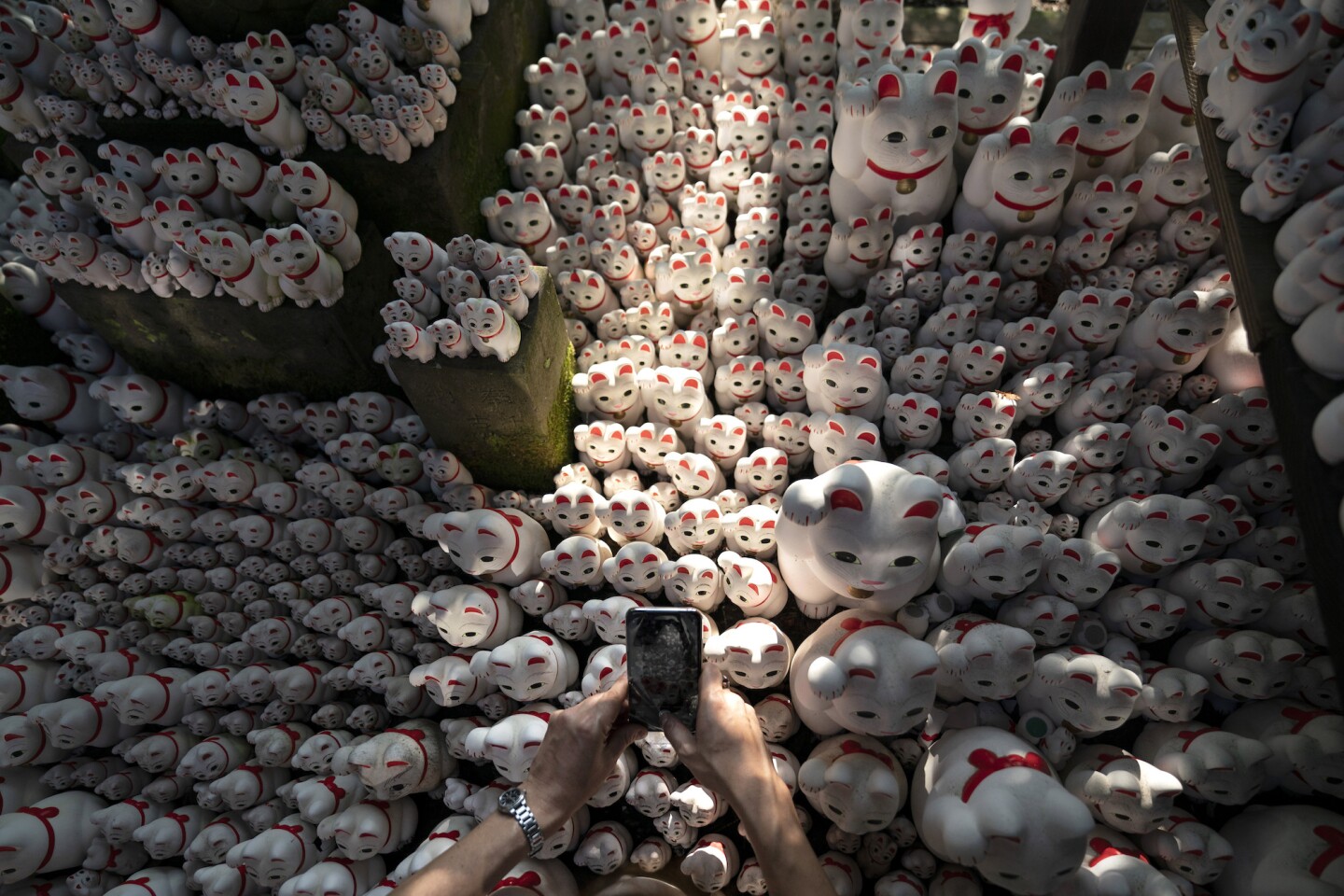 In this June 25, 2019, photo, a visitor takes pictures of beckoning cat figurines at Gotokuji Temple in Tokyo. According to a centuries-old legend provided by the temple, Gotokuji, a Buddhist temple located in the quiet neighborhood of Setagaya, is the birthplace of beckoning cats, the famous cat figurines that are widely believed to bring good luck and prosperity to home and businesses. Some visitors come just to snap a few photos, while others make a trip to the temple to pray and make wishes. (AP Photo/Jae C. Hong)