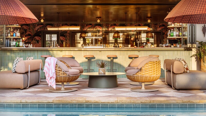Bar and patio poolside at the Ryder Hotel in Charleston