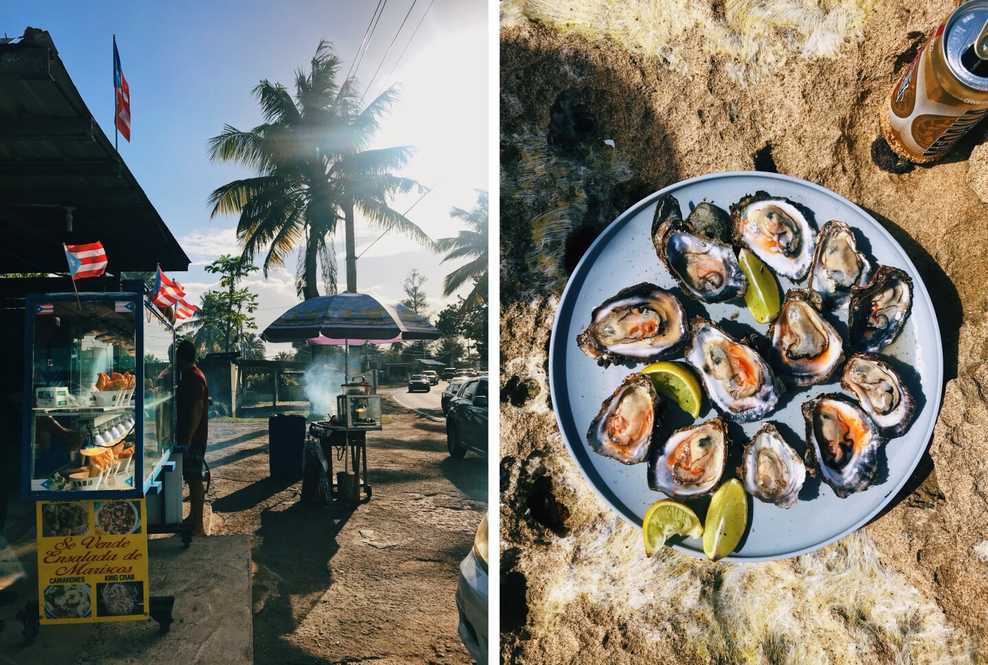 Food stands on a beach (L); overhead view of platter on sand of oysters on half shell (R)