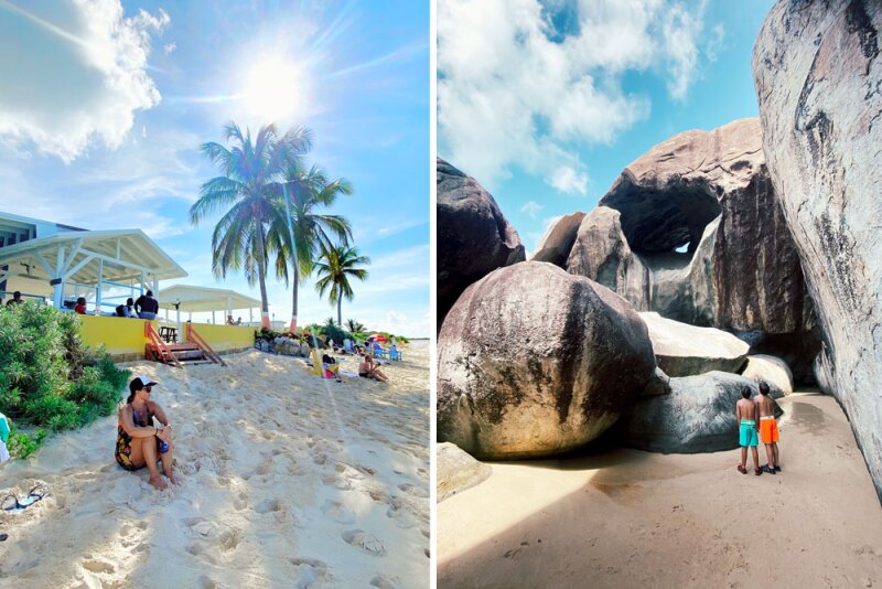 Left: Cow Wreck Beach Bar, where we stopped for rum punch. Right: the Baths, a maze of boulders on Virgin Gorda formed by an underwater volcano.
