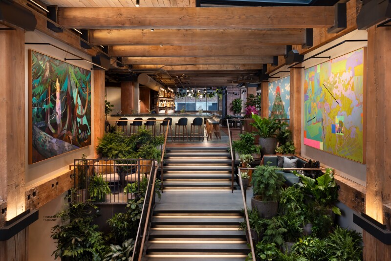 The entryway stairs lined with plants and large, colorful artwork
