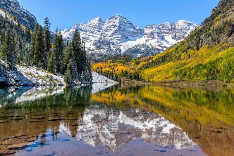 Snow-capped mountain behind a lake