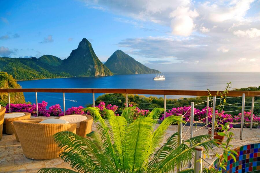 Outdoor seating, with St. Lucia's famous Pitons in distance