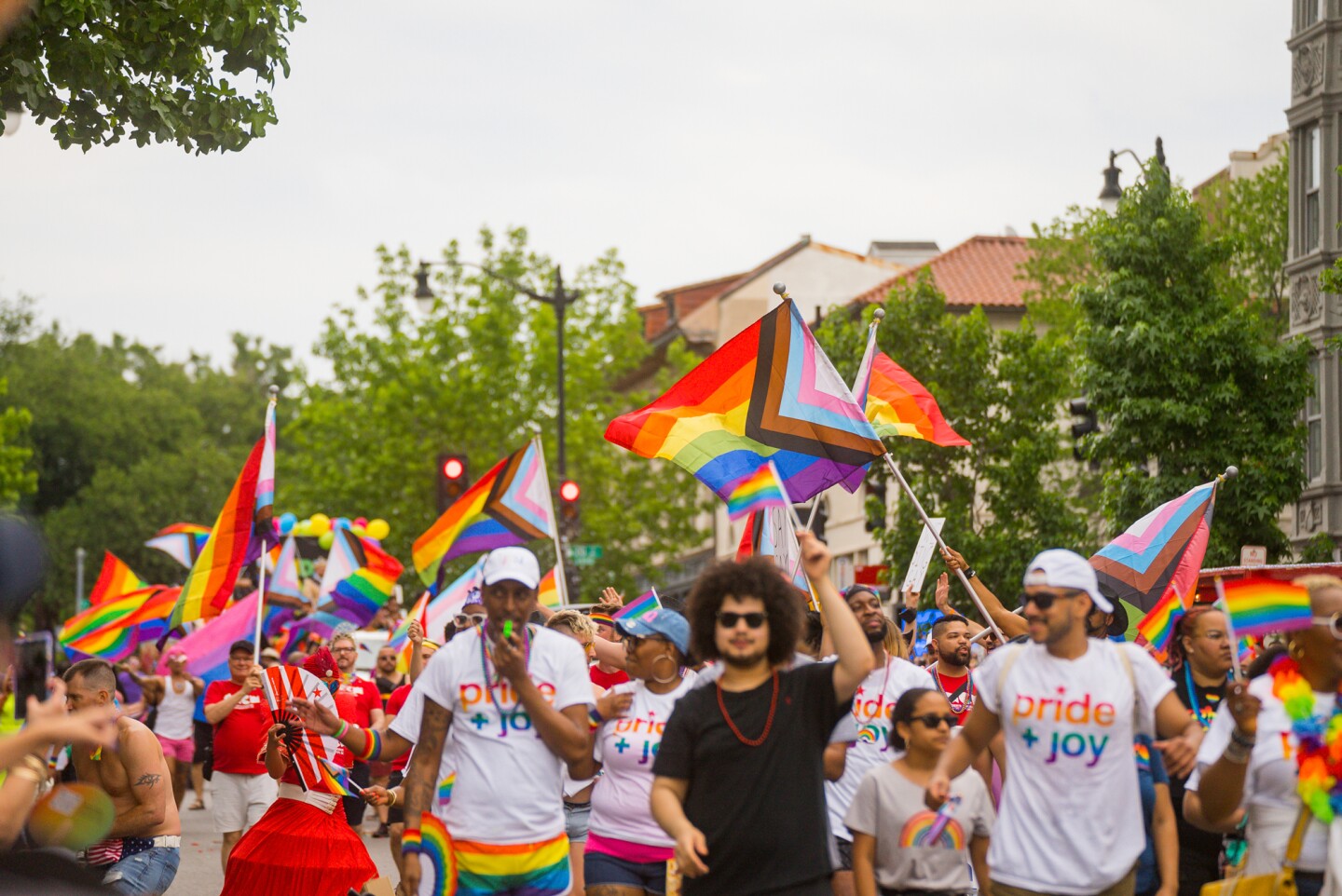 A group of people with rainbow flats at a Capital Pride Festival in Washington D.C.