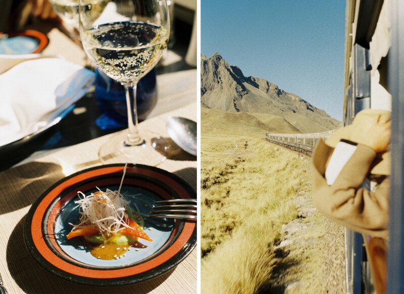 An orange and blue plate of food with wine glass (L); a person wearing hat leaning out train window in desert