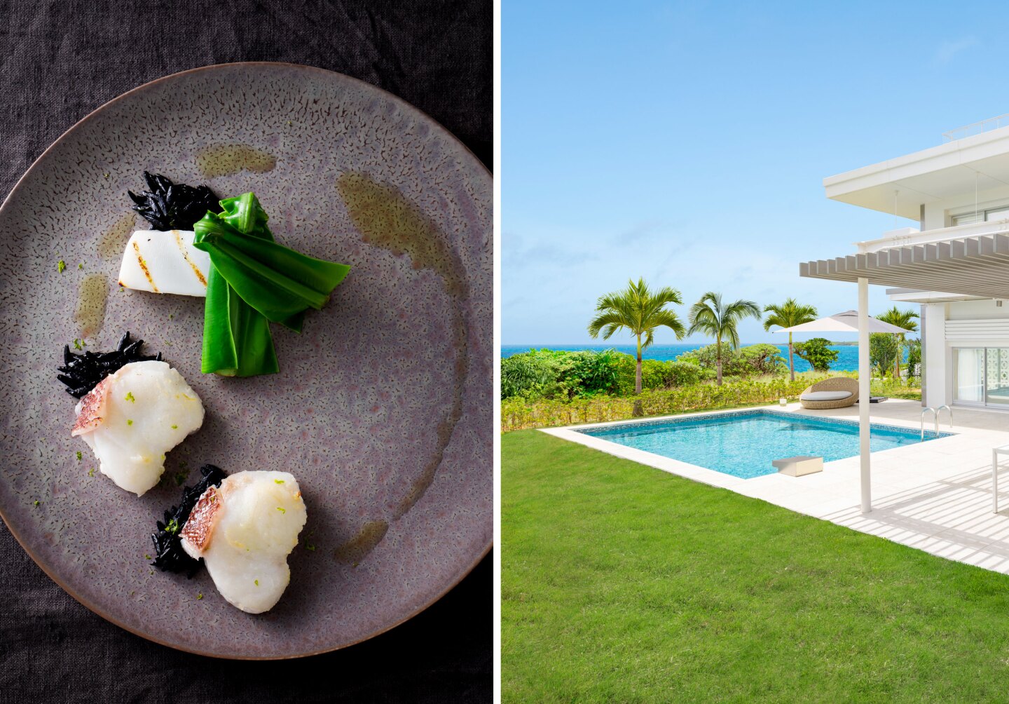 Overhead view of gray plate of white sushi (L); small square pool beside green lawn, with a few palm trees and sea in distance (R)