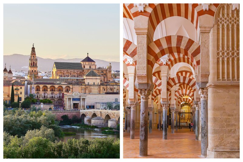 <b>Left:</b> Panoramic view of the Mosque-Cathedral, with Roman bridge over Guadalquivir River, Cordoba (L); striped terra cotta and tan arches inside Cordoba Cathedral, aka Mezquita Basilica, a former Moorish mosque (R)