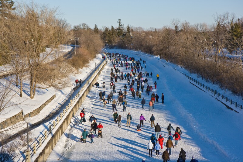 Dozens of people skate along a frozen canal, with tree-lined, snow-covered walking and biking paths on either side
