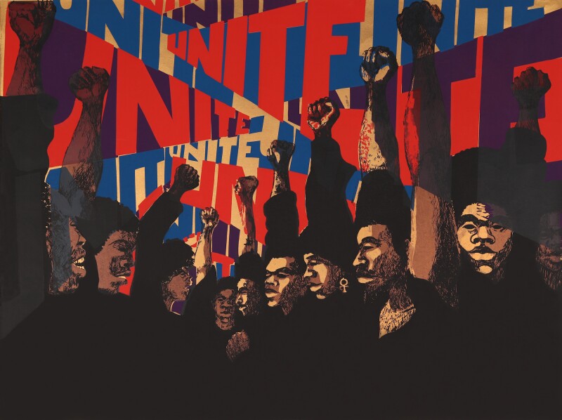 “Untitled” (1971) by Barbara Jones-Hogu, a Chicago-born artist known for her work with the Organization of Black American Culture and for cofounding the AfriCOBRA artists’ collective.