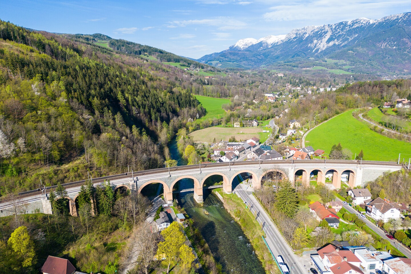 An aerial view of the historical Semmering railway bridge in Austria