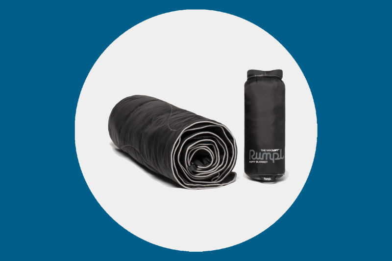 Rumpl Puffy Travel Blanket in Black, plus stuff sack the size of a water bottle