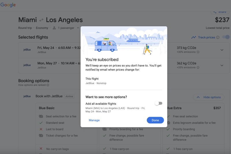 A pop-up that says "You're subscribed" to track flight prices on Google Flights