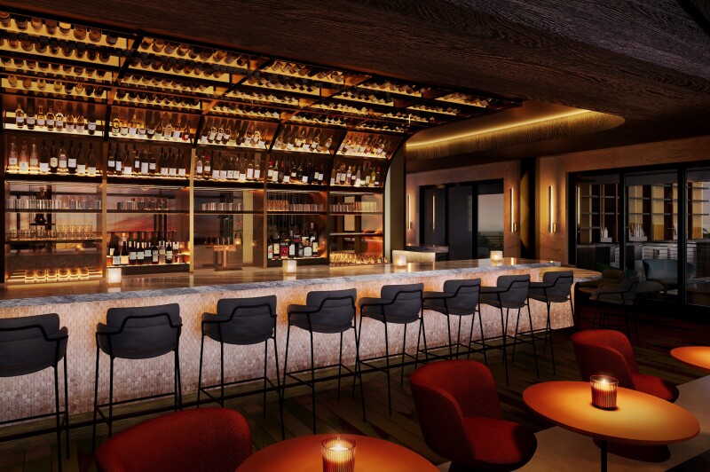 A rendering of the bar area at Folia Bar & Kitchen at Appellation Healdsburg with a row of barstools lining a fully stocked bar with a curved, mirrored ceiling