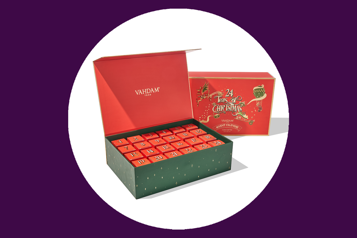 Tea Advent calendar with small red boxes of loose leaf tea by Vahdam