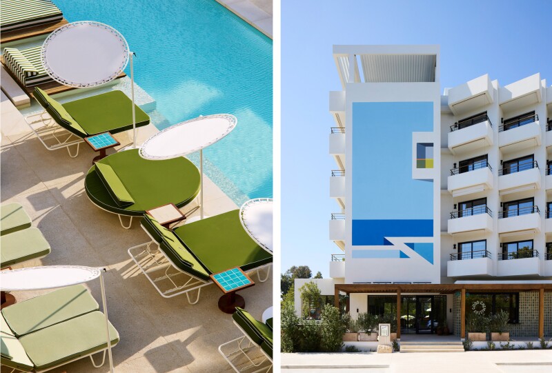 Ace Hotel & Swim Club in the Athens Riviera. Green chaise longues surround a pool; right: the hotel's blue and white exterior.
