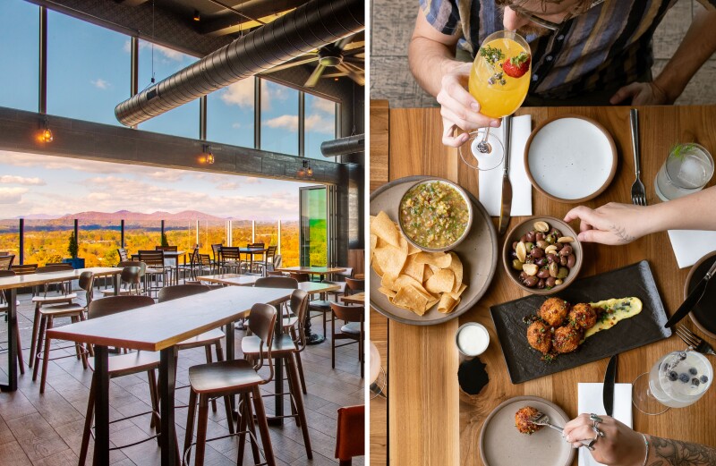 Left: An open bar with high-top tables and stools looking out over the mountains. Right: Bar food and cocktails on a table, as seen from overhead.
