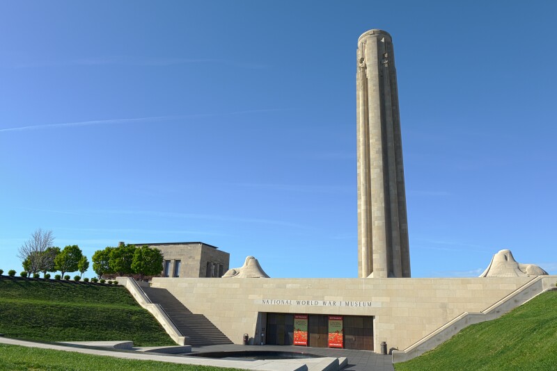 Exterior of the National World War I Museum, topped by tower and two sphinxes