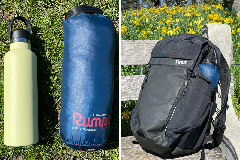 The Rumpl NanoLoft Travel Blanket next to a 21-ounce HydroFlask (L) and inside the water bottle pocket of a backpack (R).