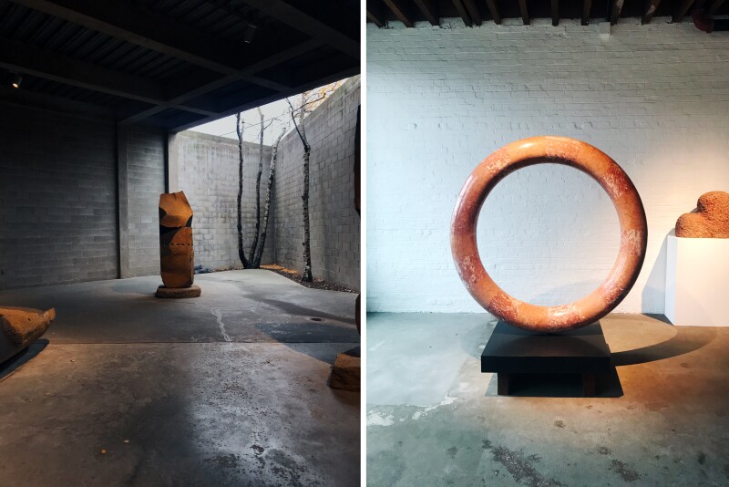 Two sculptures at the Noguchi Museum in Brooklyn: an outdoor vertical work (L); a stone circle (R)