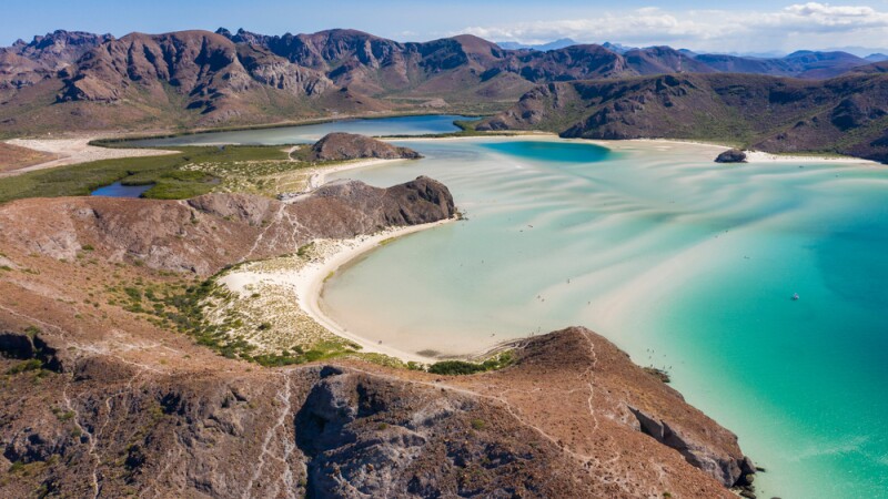 Daytime aerial view of Playa Balandra, an iconic beach in La Paz, Baja California Sur