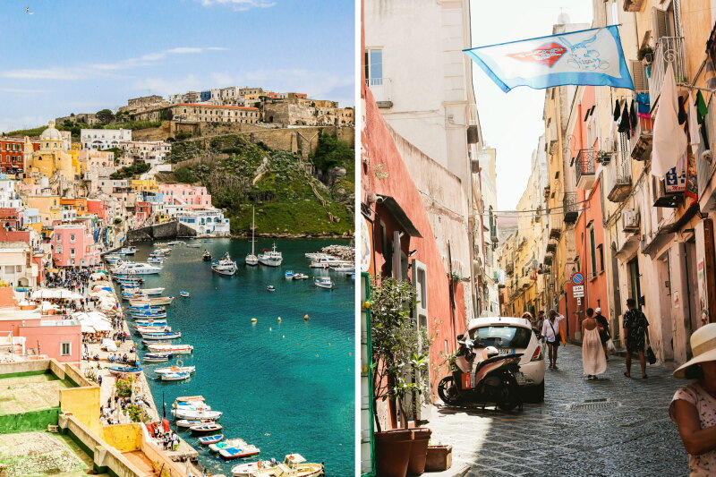 Aerial view of colorful pastel houses line harbor dotted with fishing boats (L); narrow cobblestone alley with ochre and terra-cotta-colored buildings, parked white car next to scooter, and pedestrians (R)