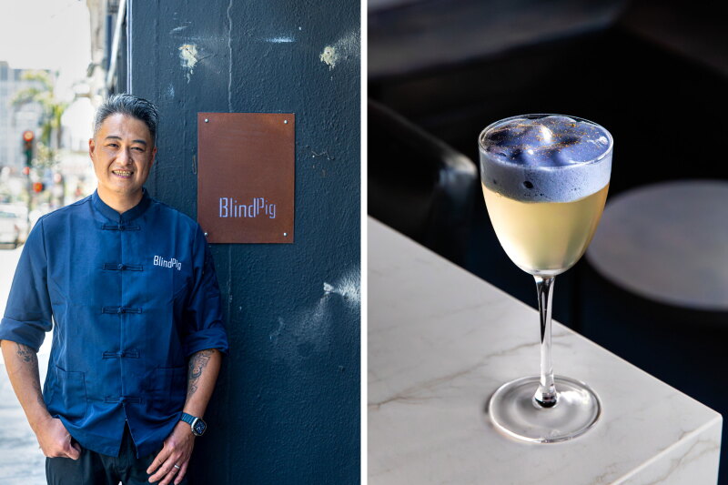 Smiling Derrick Li in a blue mandarin-collar jacket standing beside a sign that says "Blindpig" (L); Pale-yellow cocktail topped with a lavender-blue foam in a stemmed glass (R)