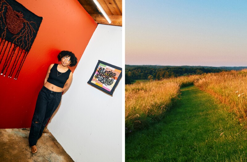 Panamanian visual artist Risseth Yangüez Singh stands at intersection of an orange and a white wall (L); green path at Burger Hill through golden grass (R)