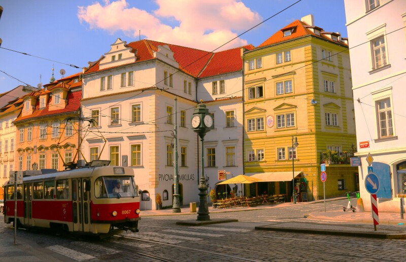 Prague's historic buildings and streetcar