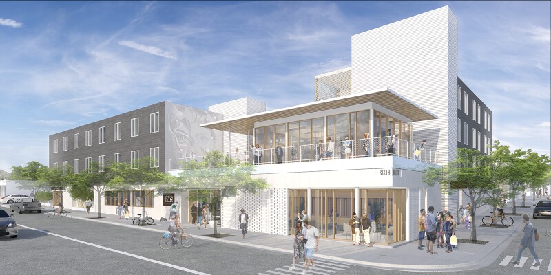 A rendering of the exterior of East Austin Hotel