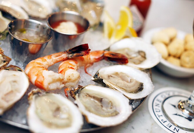 Close up of oysters in Neptune Oyster Restaurant, North End, Boston, Massachusetts, USA