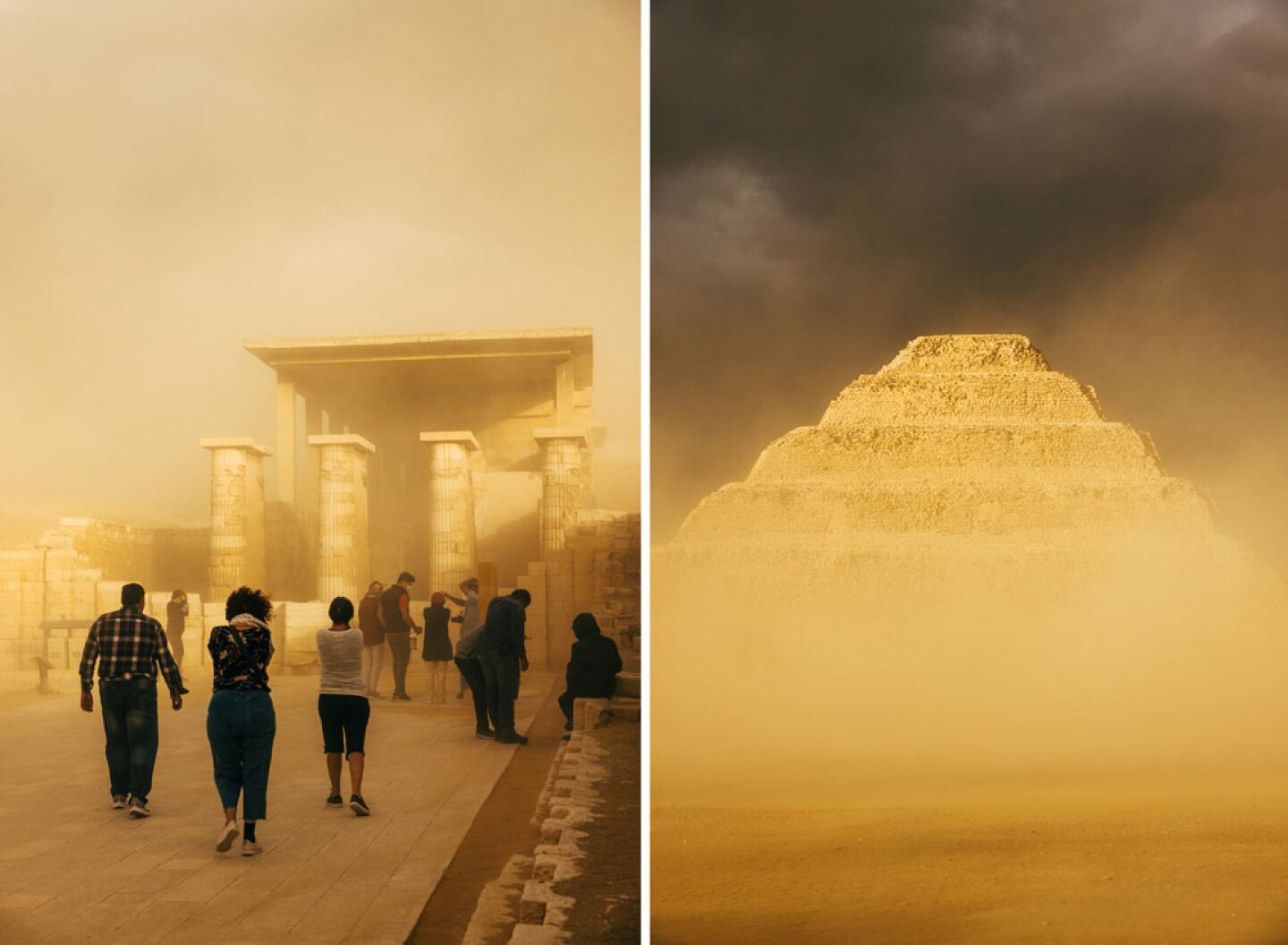Tourists shelter from the dust storm, covering their faces with masks and shawls, at Saqqara Necropolis.