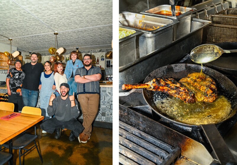 Left: A group of people posing in front of a restaurant counter. Right: Meat on a pan with someone spooning a buttery sauce over it.