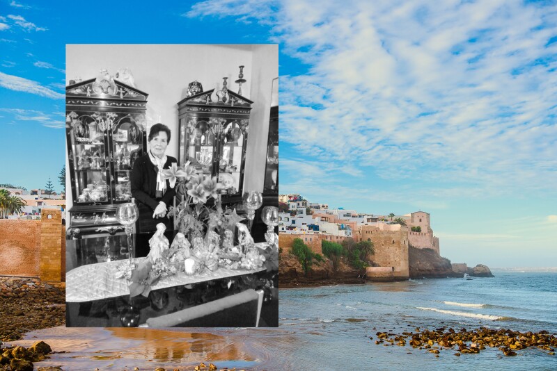Black-and-white photo of woman standing between ornate cabinets full of sculptures, with long table in foreground (L inset); distant view of Kasbah of the Udayas in Rabat, with buildings lining cliffs at seashore (R)