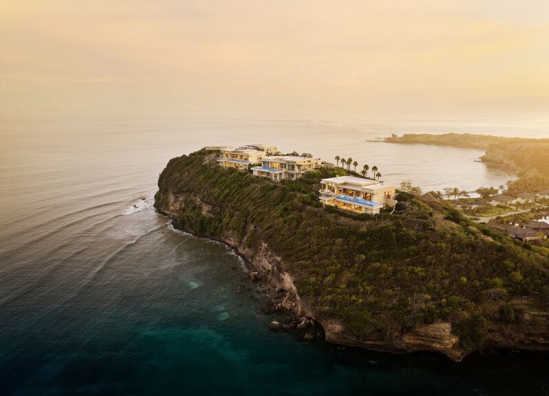 Aerial view of villas and palm trees atop plant-covered peninsula surrounded by sea