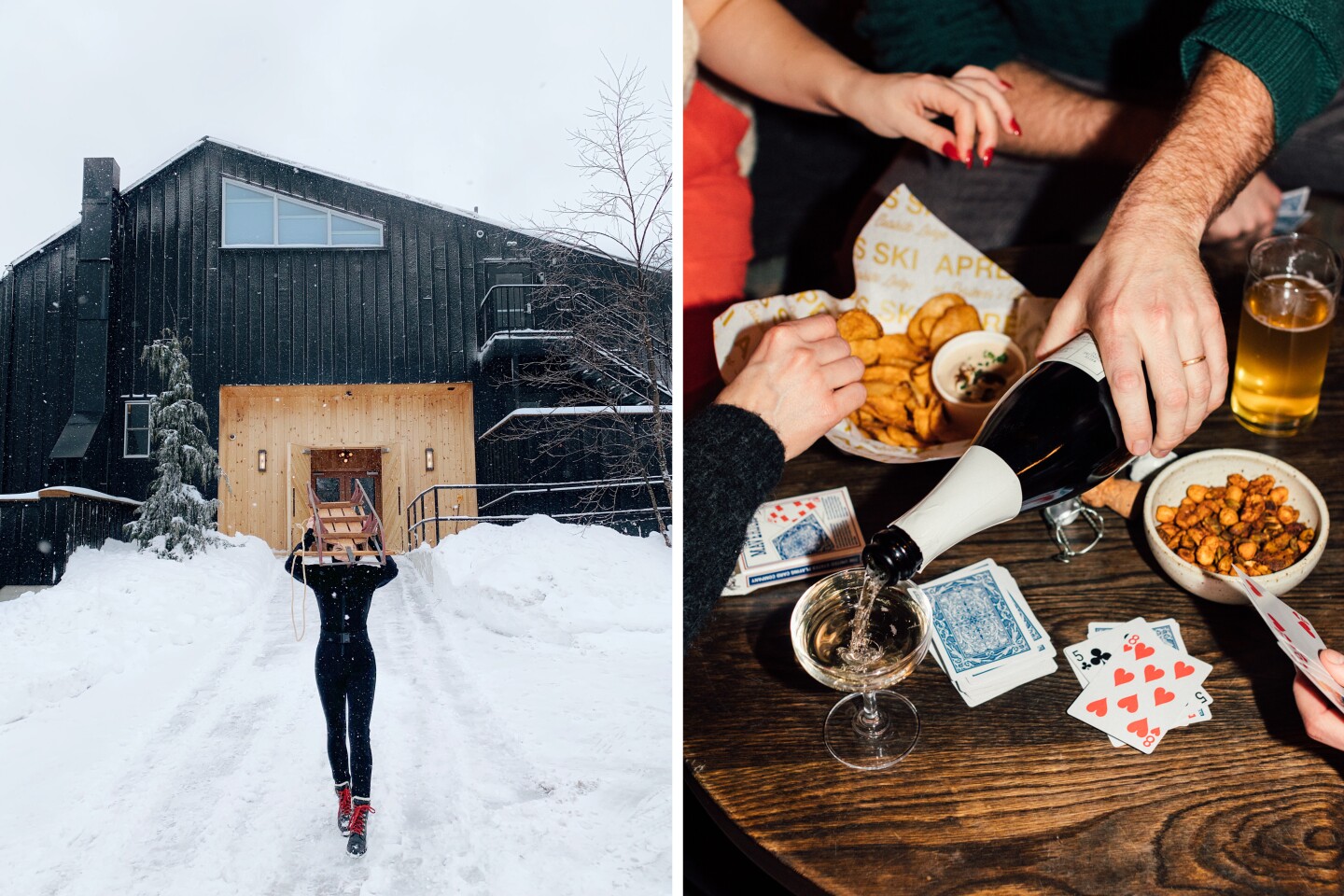A skier outside Scribner's Lodge, Hunter Mountain (L); small group at table playing cards and drinking, with snack bowls (R)
